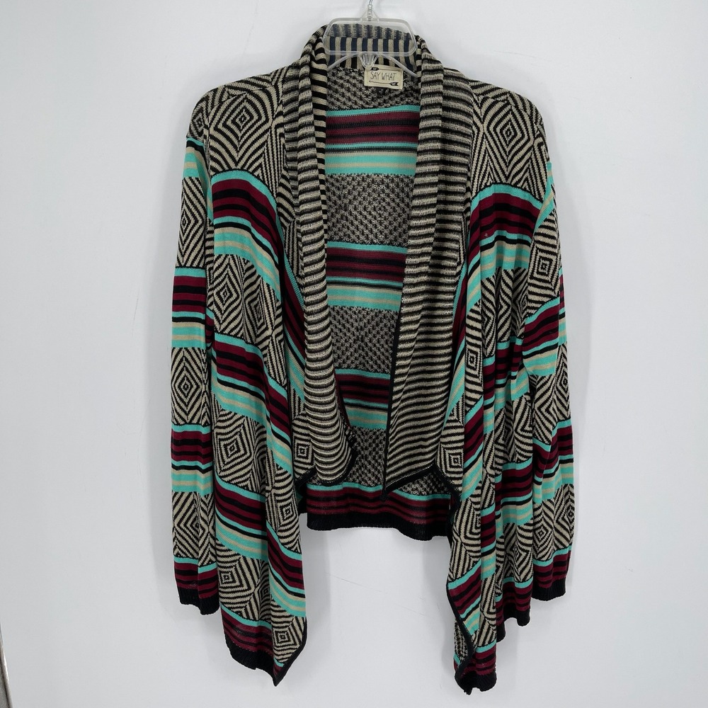 Say What Women's Multicolor Geometric Open Front Boho Cardigan Sweater Size XL